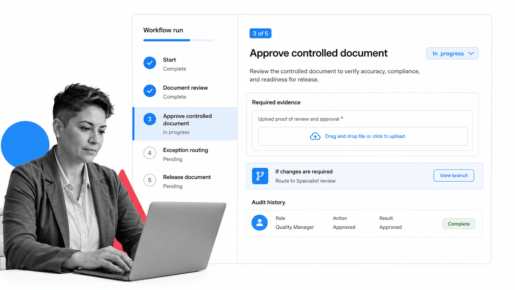 Process Street workflow run with a selected document approval task, required evidence, and audit history