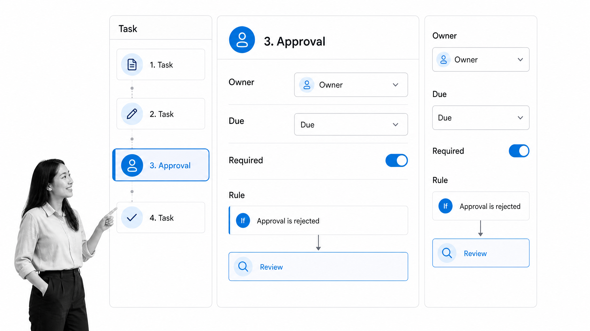 Workflow editor control surface with a selected approval task, owner, due rule, required field, and conditional branch