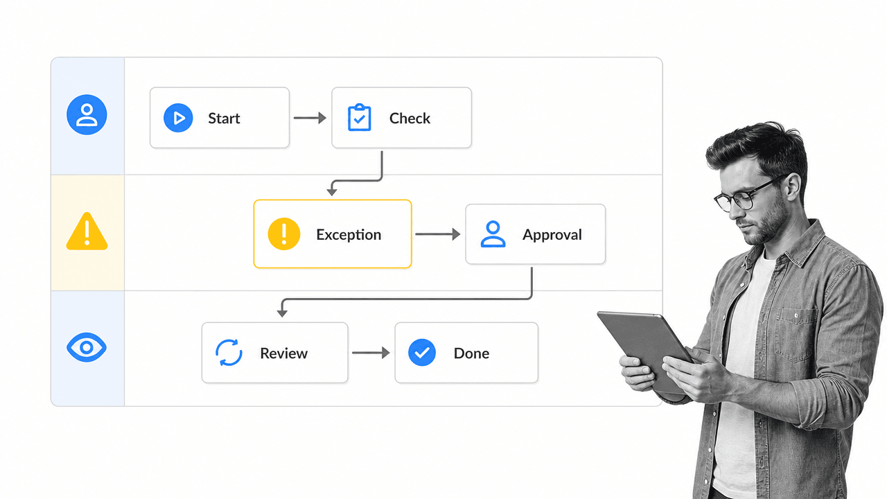 Workflow editing test board with a selected exception card branching to approval and returning to review