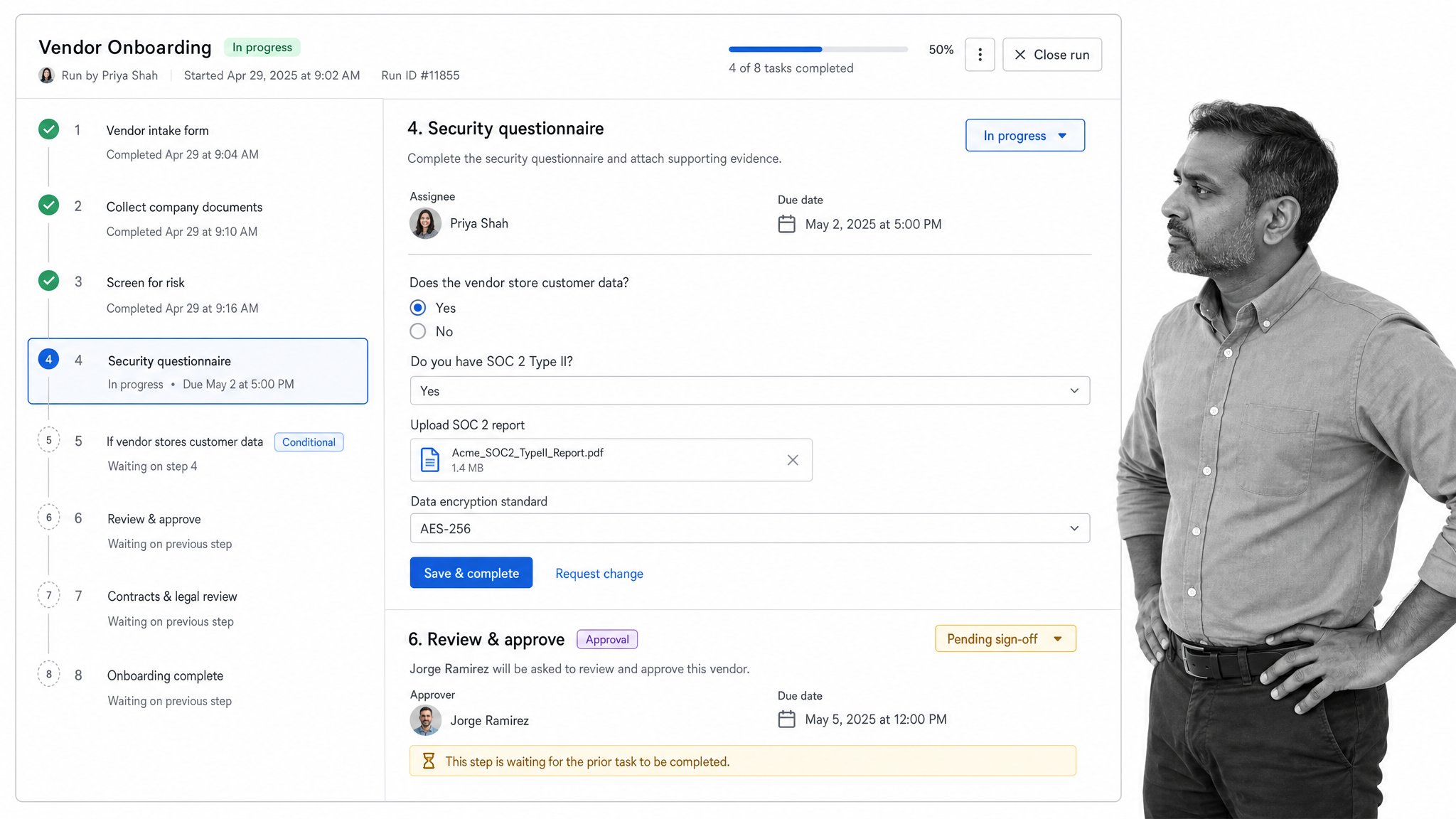 Process Street workflow run showing ordered tasks, assignees, due dates, and an approval step