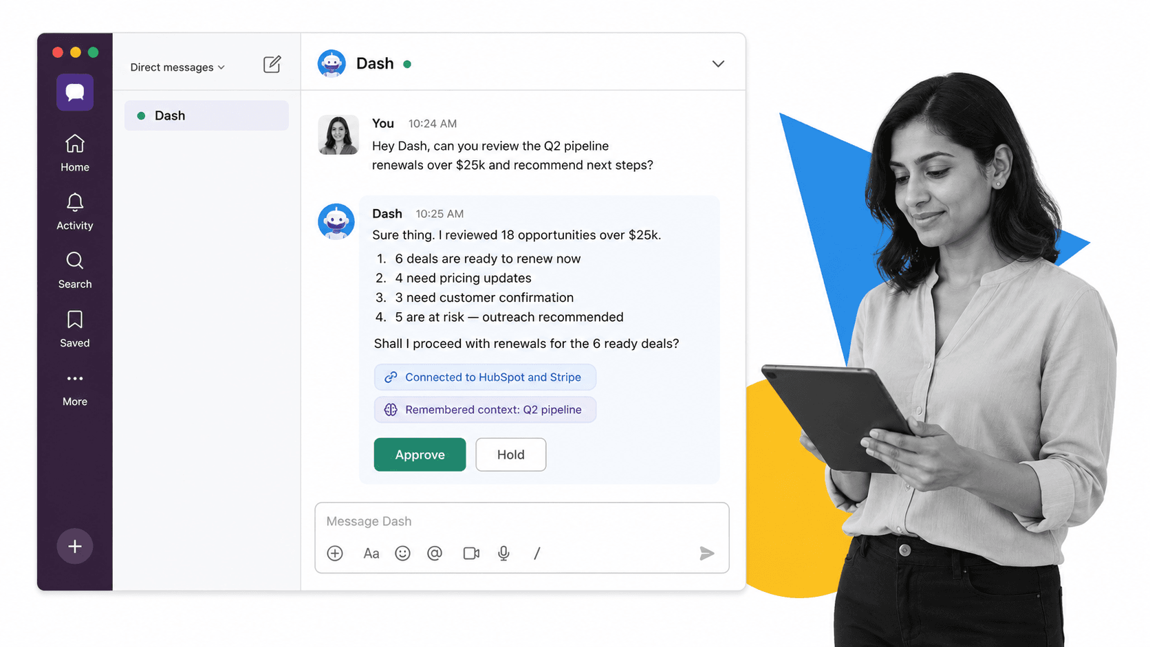 Dash Slack DM with an AI coworker reply and inline Approve and Hold buttons