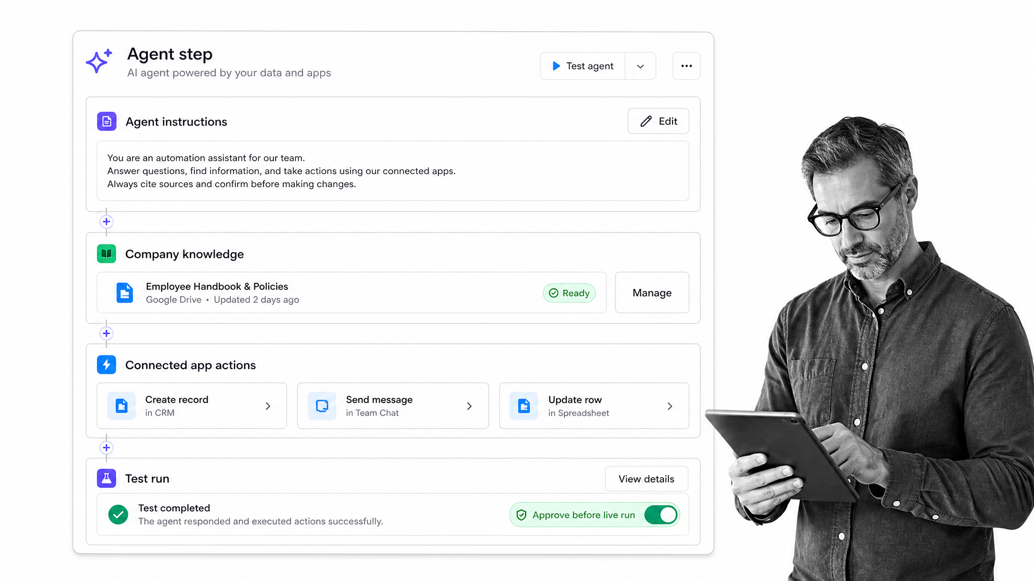 Zapier Agents builder with knowledge source card, app action rail, and test-run status