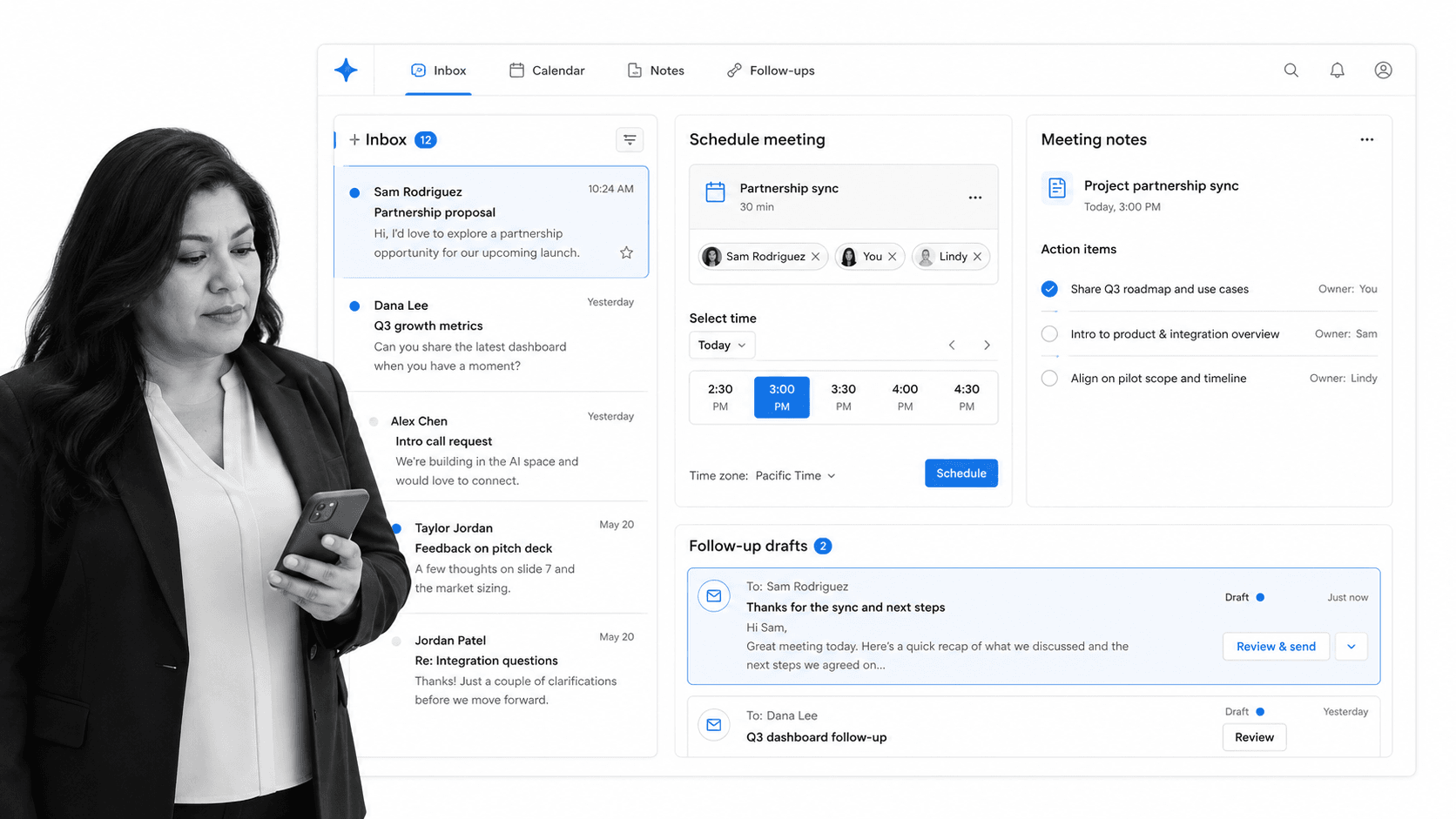 Lindy assistant dashboard with inbox triage, meeting notes, and follow-up queue
