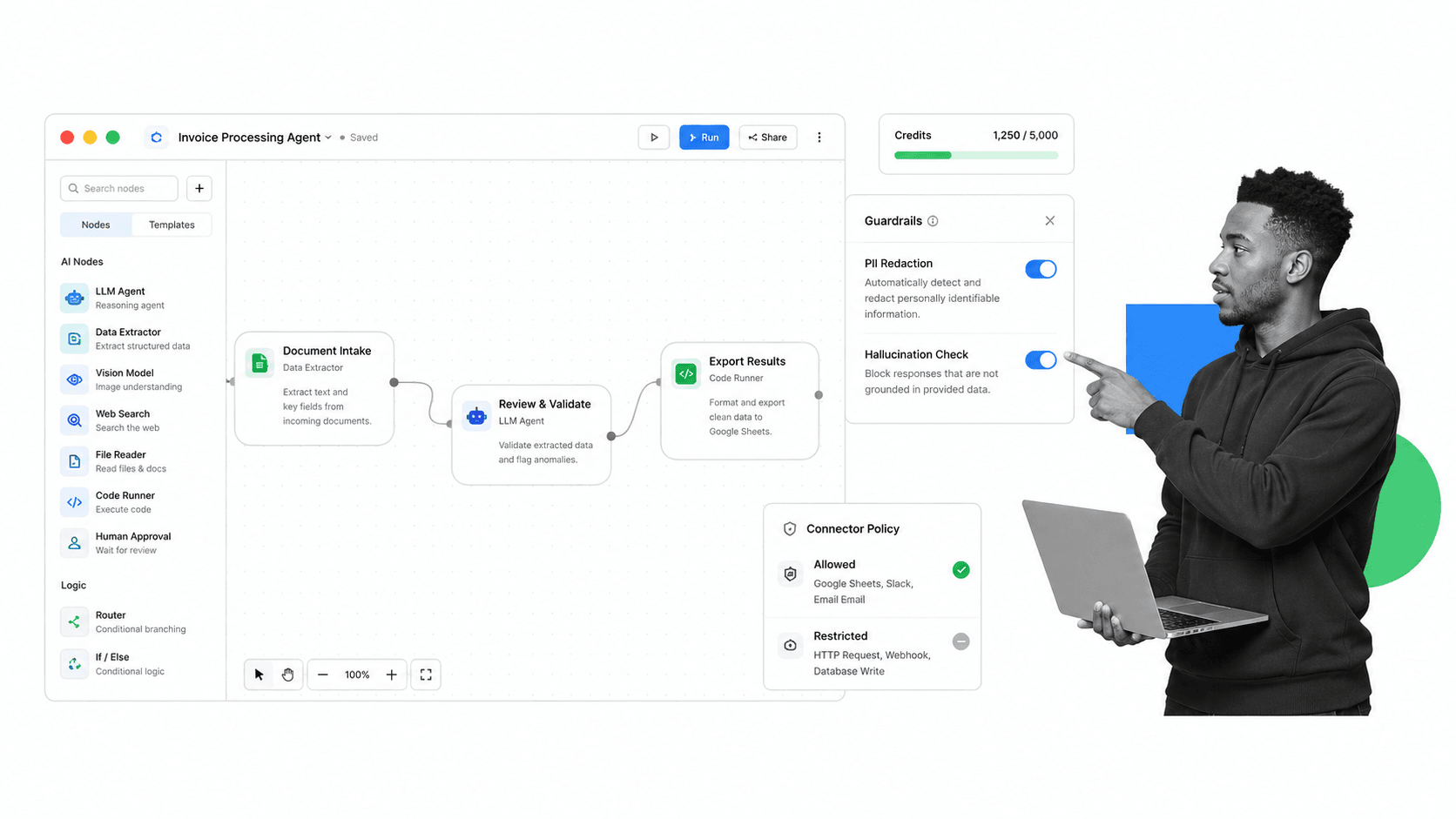 Gumloop visual AI workflow canvas with guardrails and credits meter
