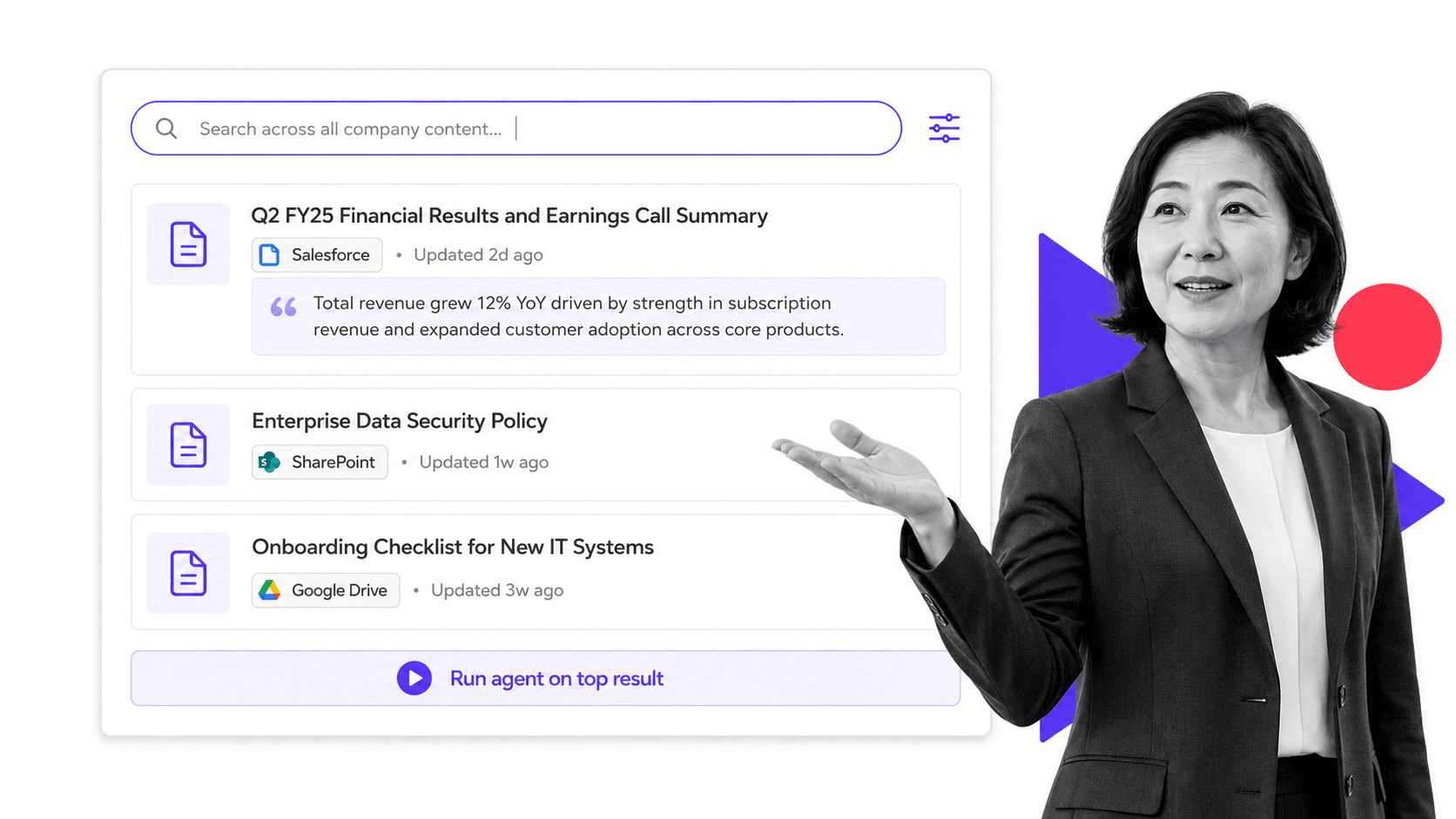 Glean Agents enterprise search panel with cited result cards and agent action chip