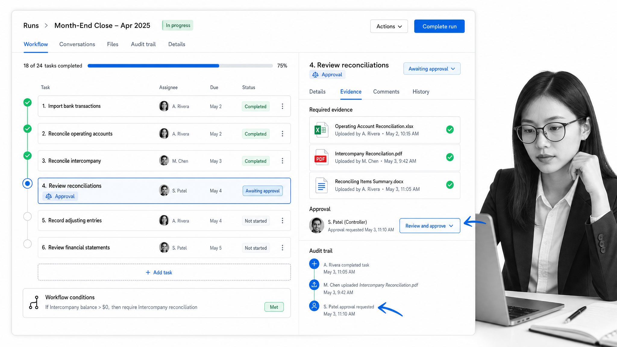 Process Street finance close workflow with approvals and audit evidence