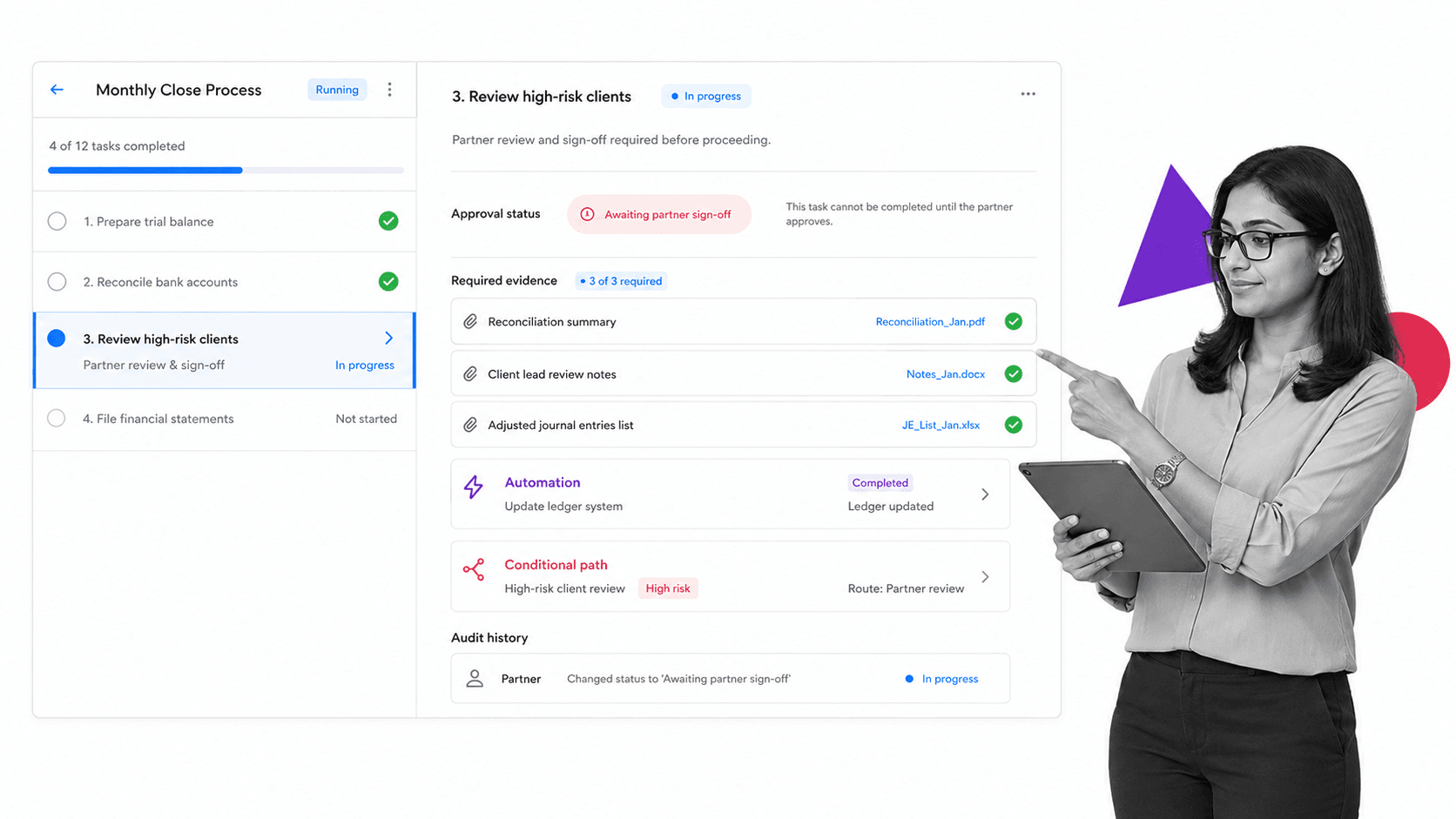 Process Street controlled accounting workflow run with a partner review task, required evidence, and audit history