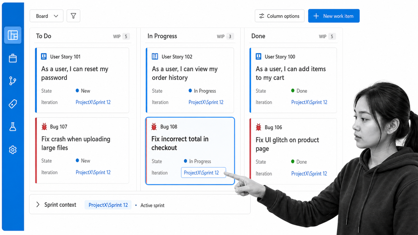 Azure Boards Kanban view with user stories, bugs, WIP limits, and sprint iteration context