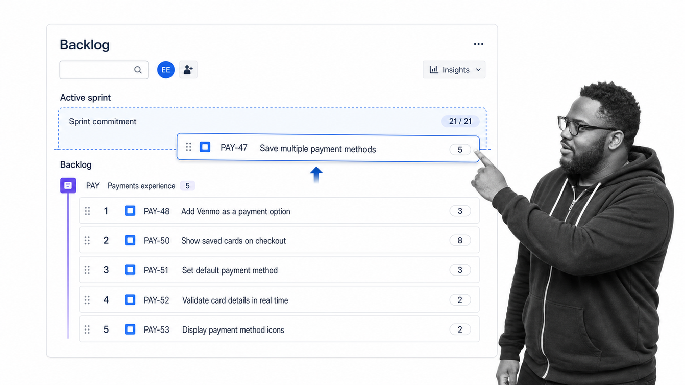 Jira Scrum backlog with ranked issues, story points, epics, and active sprint planning