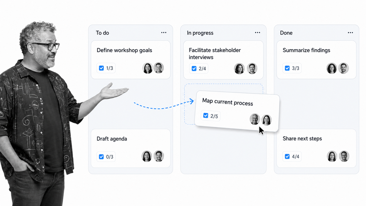 Trello board with three workflow lists, task cards, checklist progress, and members