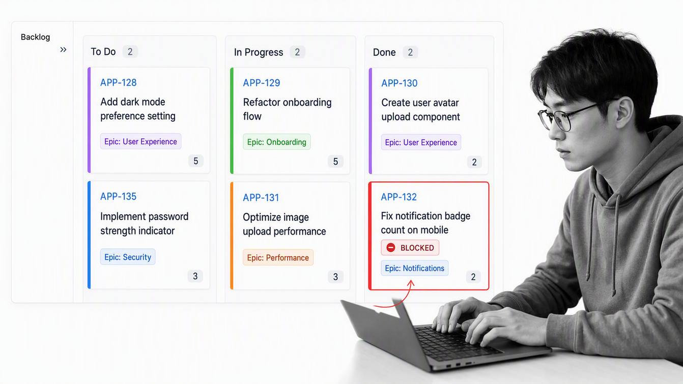 Jira Scrum board showing sprint issues, epics, and a blocked work item