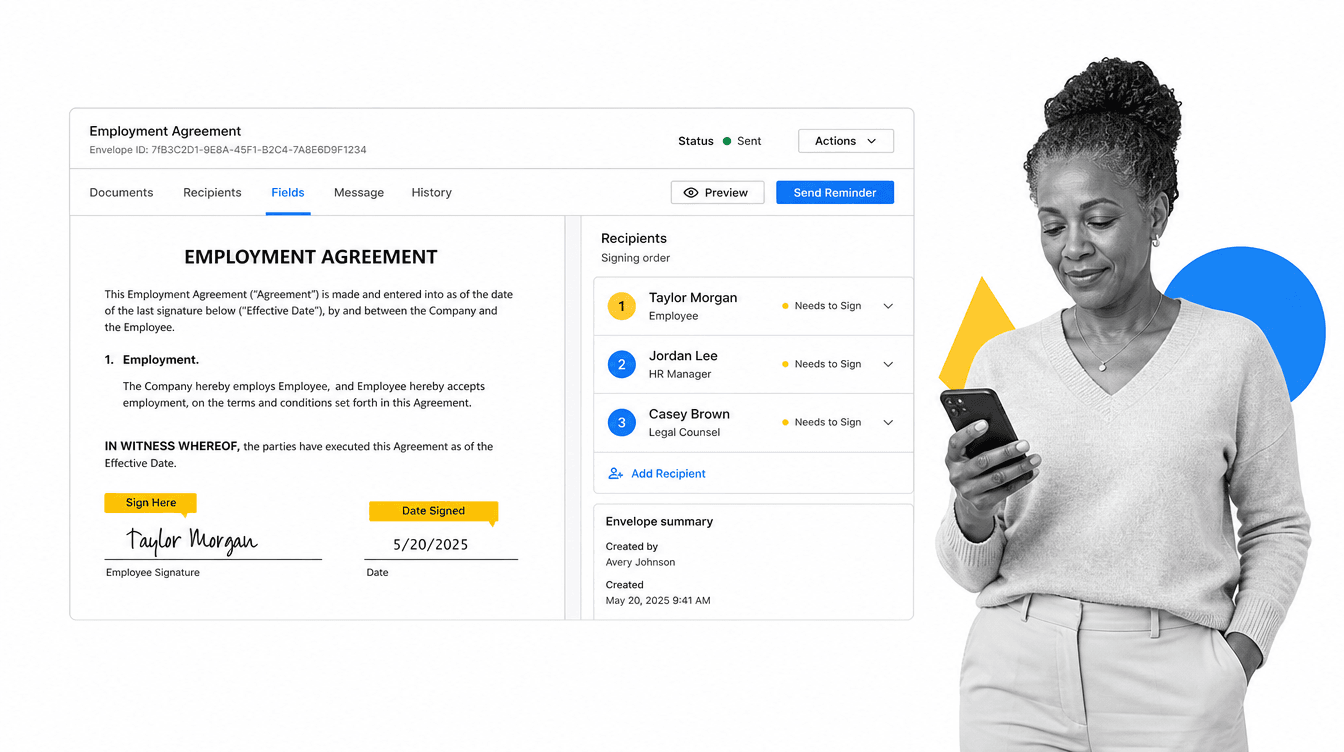 DocuSign contract envelope with tagged Sign Here fields and a recipient signing order