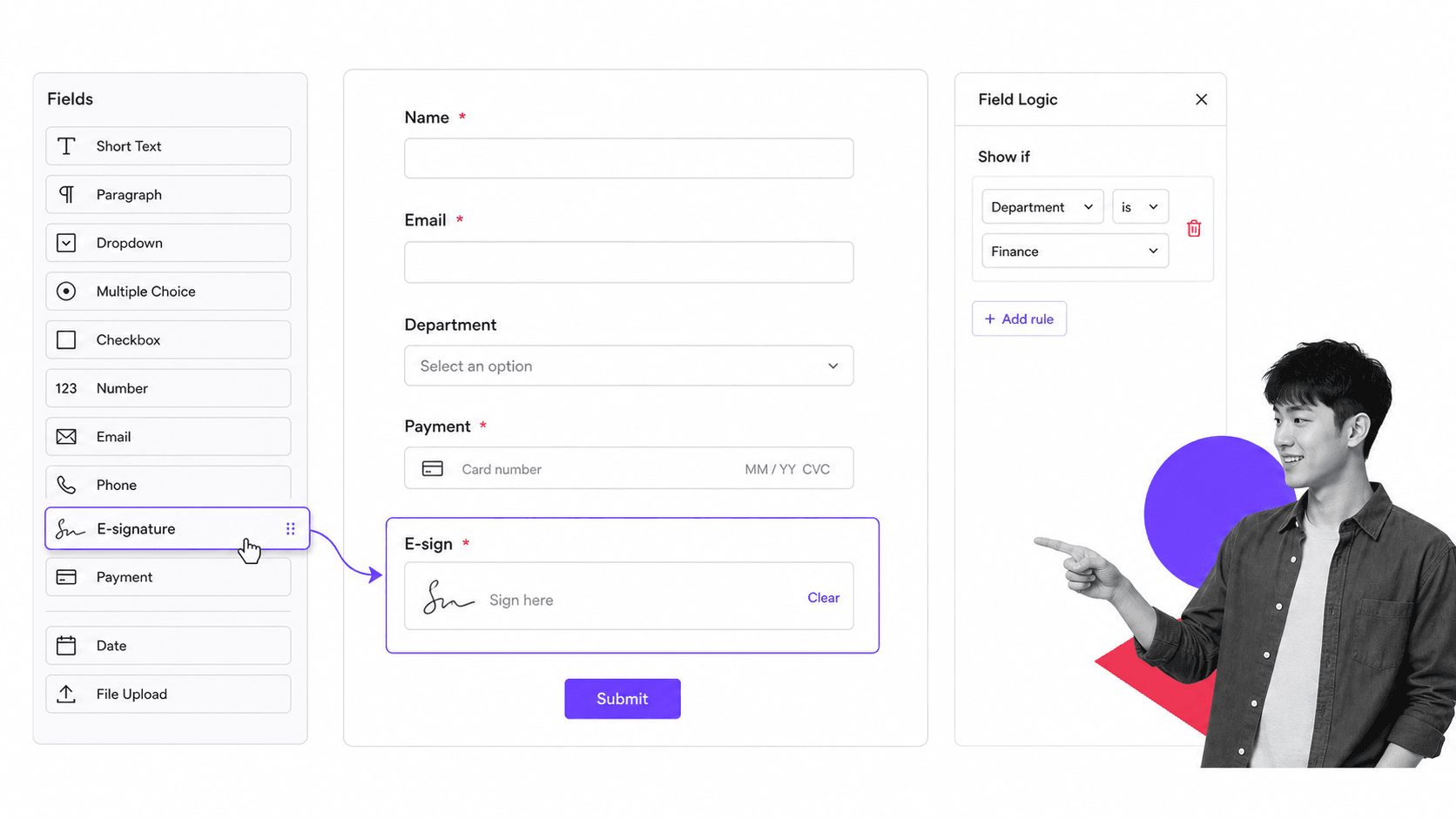 Jotform drag-and-drop form builder canvas with a field element sidebar and a conditions panel