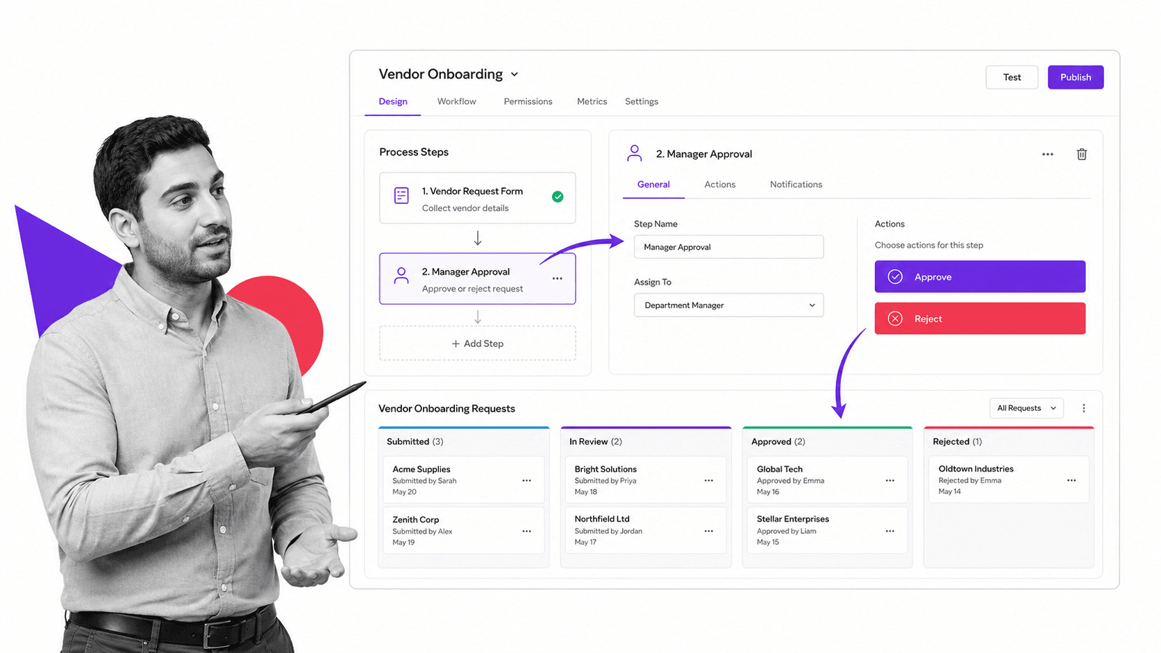 Kissflow no-code process board with an approval step and a kanban view of items by status