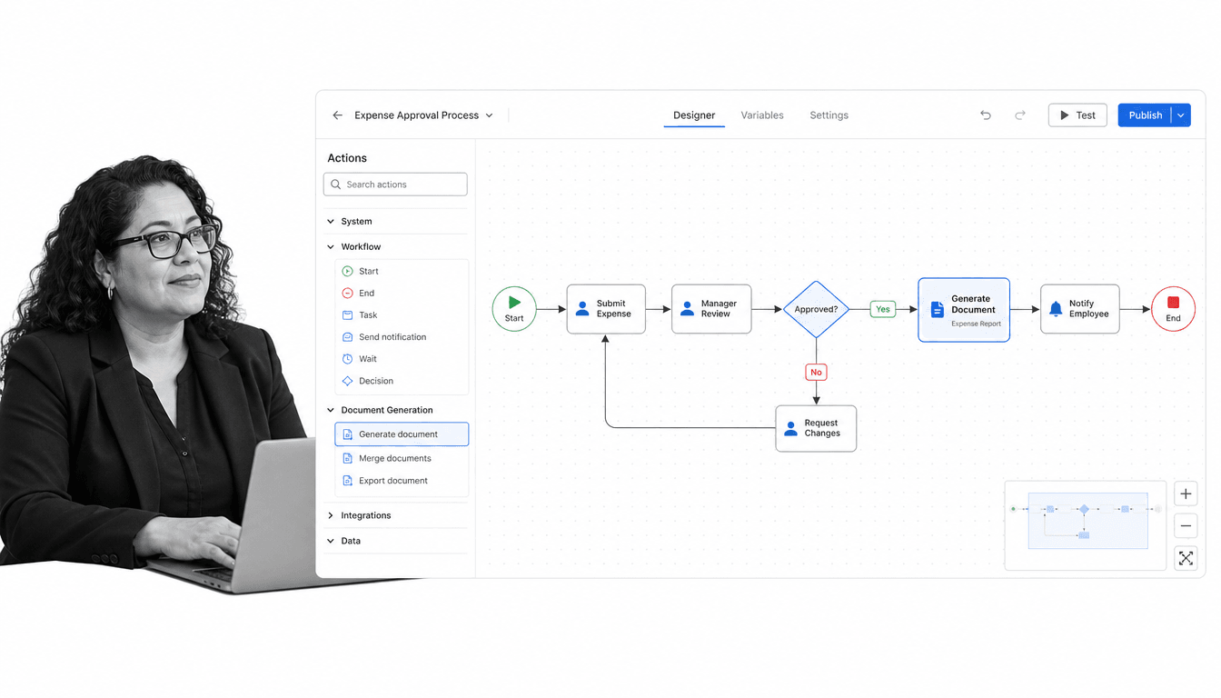 Nintex workflow designer canvas with connected action nodes, a decision branch, and a generate-document step