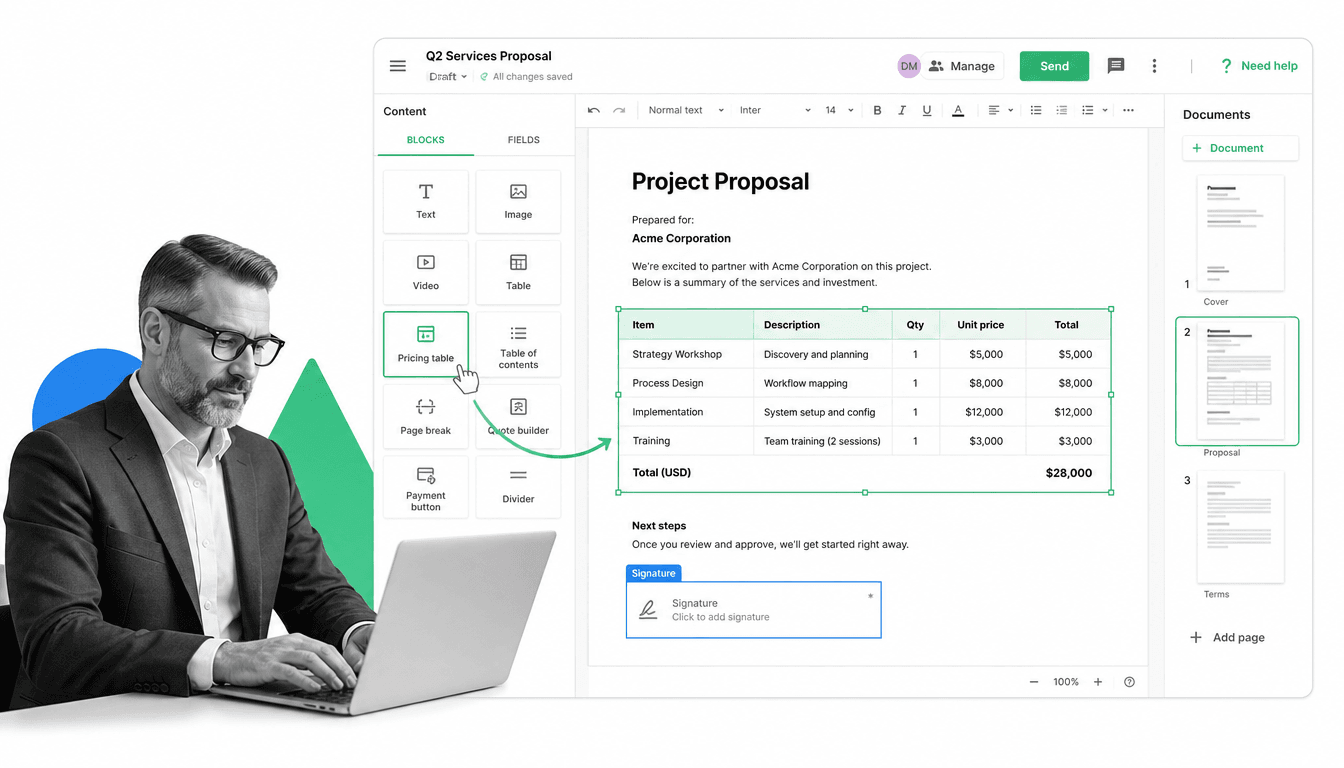 PandaDoc document showing content blocks, a pricing table, and an e-signature field