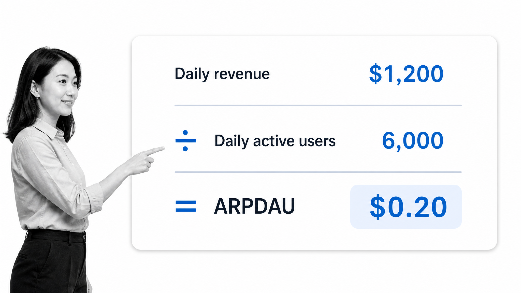 ARPDAU calculation: daily revenue divided by daily active users equals average revenue per daily active user