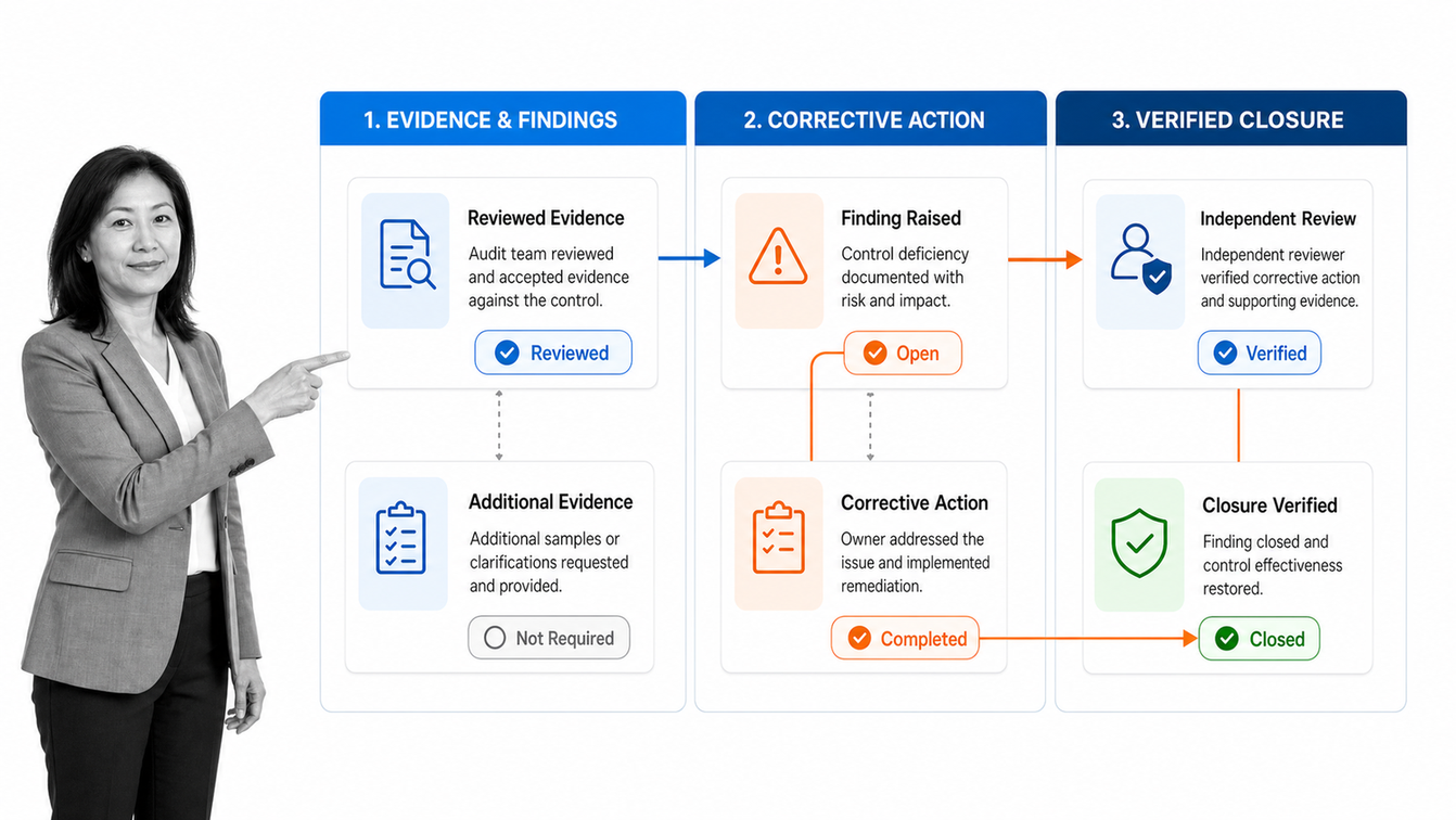 Closed-loop audit lifecycle from planning and evidence to corrective action and verified closure