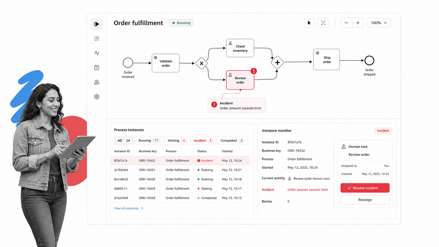Camunda product interface as a AuraQuantic alternative for developer-led BPMN orchestration across people, systems, and services