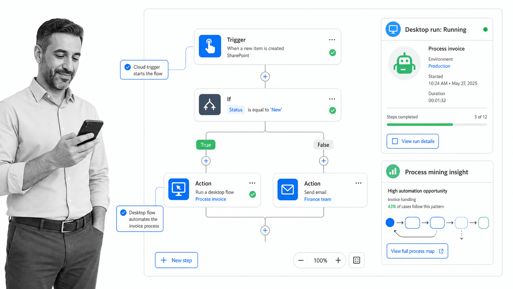 Microsoft Power Automate product interface as a AuraQuantic alternative for Microsoft-centric cloud flows, desktop automation, and process mining