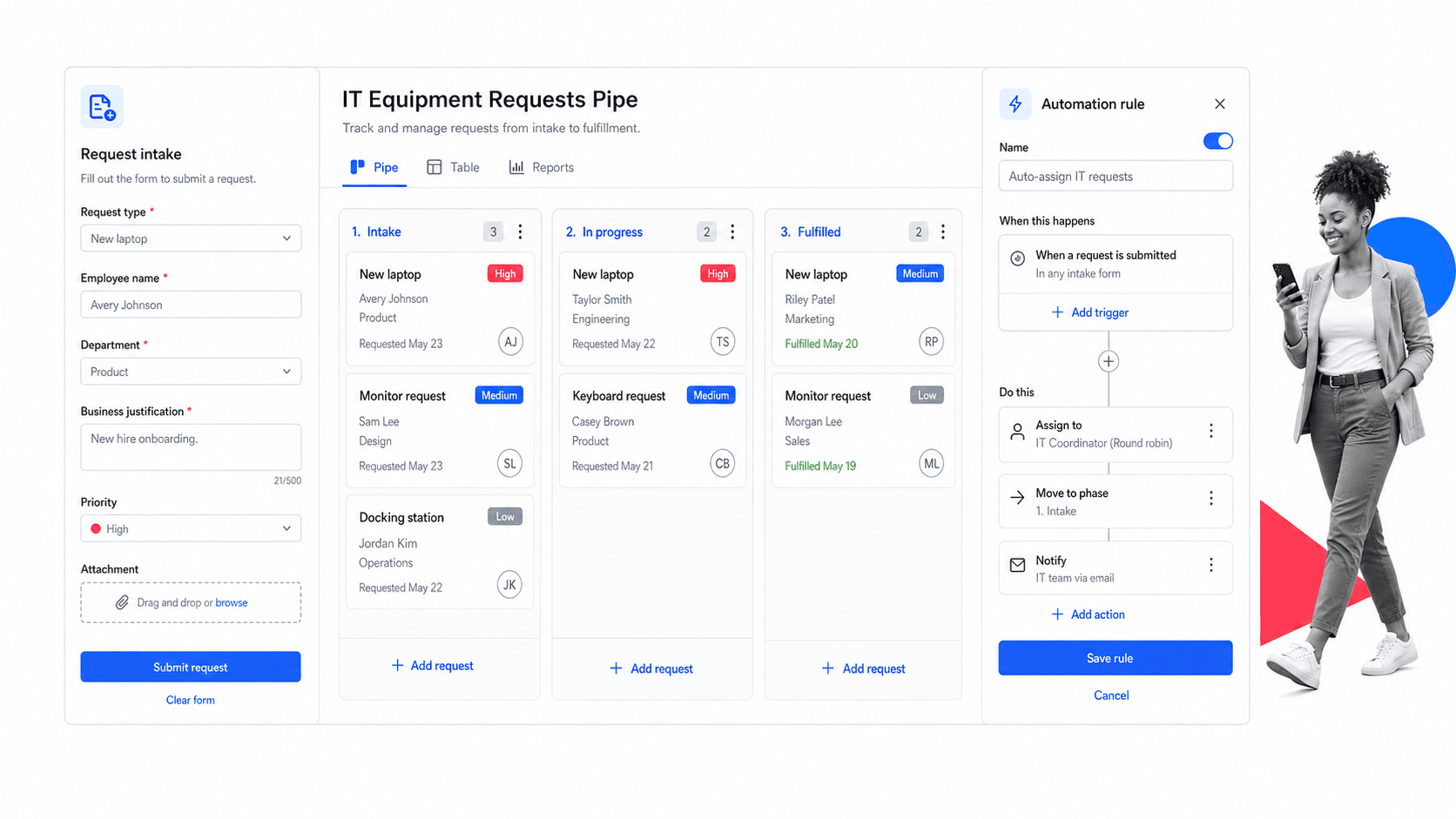 Pipefy product interface as a AuraQuantic alternative for no-code request intake and departmental workflow automation