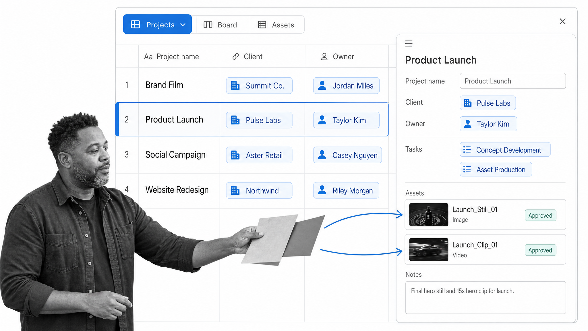 Airtable project base with relational grid fields, linked records, multiple views, and a project detail panel