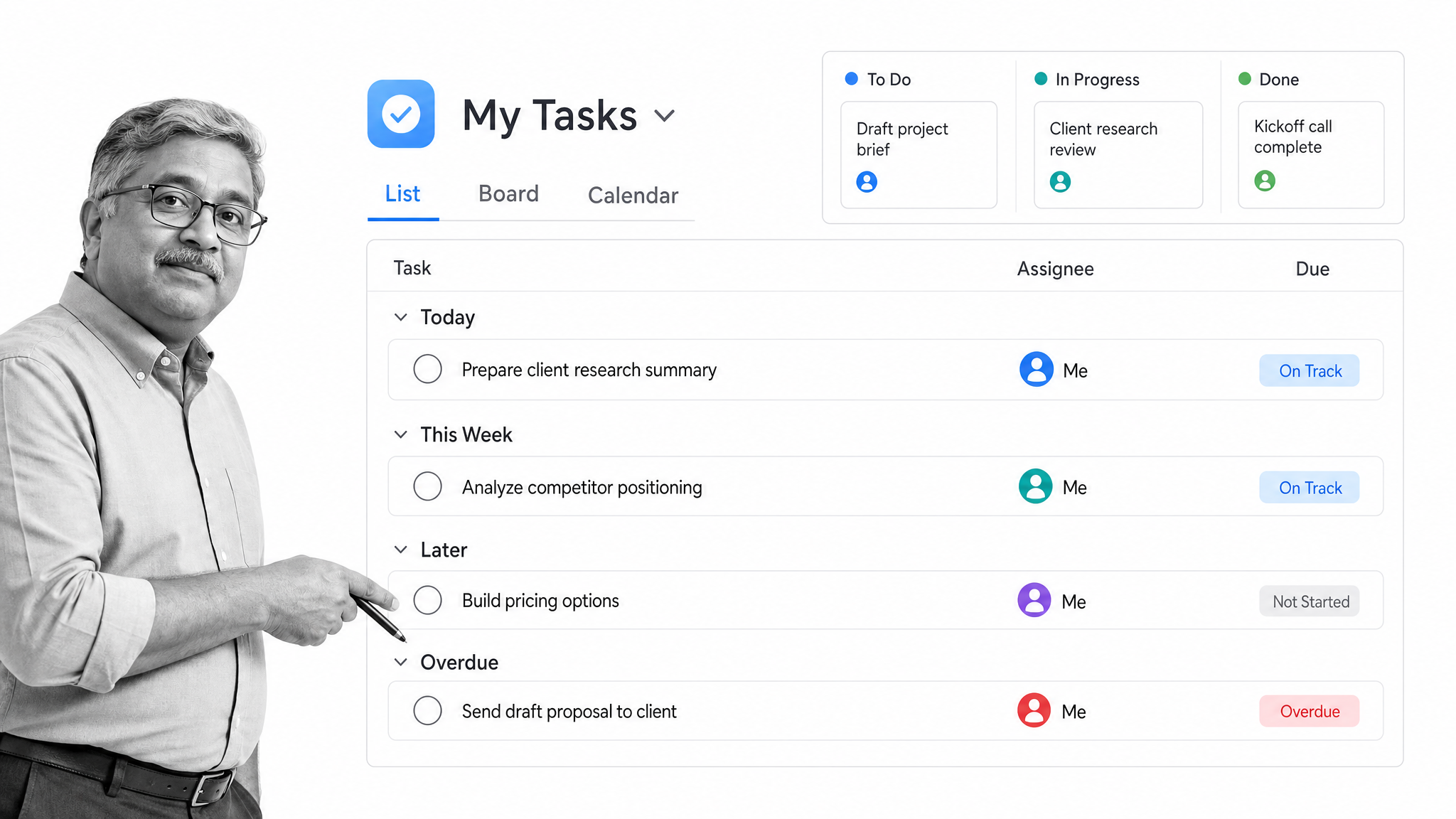 Asana My Tasks list with project sections, completion controls, assignees, due dates, and view tabs
