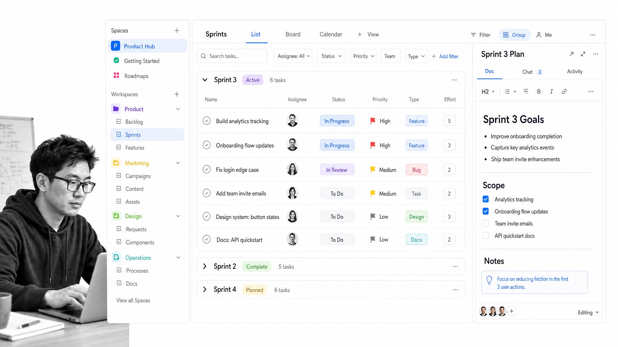 ClickUp task workspace with sprint groups, multiple project views, and a collaborative Docs panel