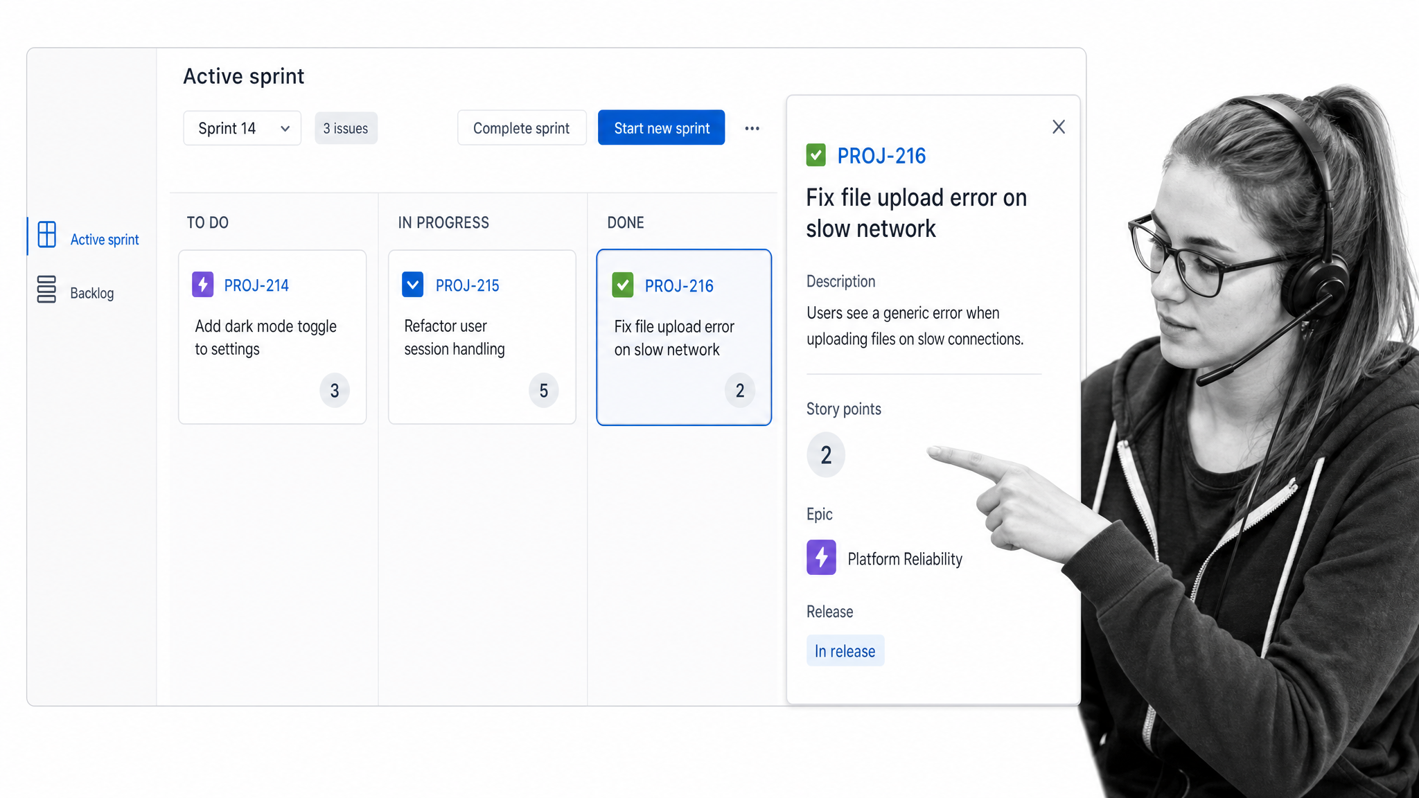 Jira active sprint board with backlog, issue cards, story points, epics, and a selected issue detail