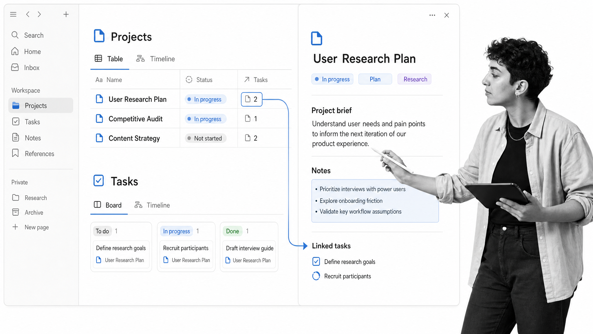 Notion workspace connecting project and task databases with notes, relations, board views, and a timeline