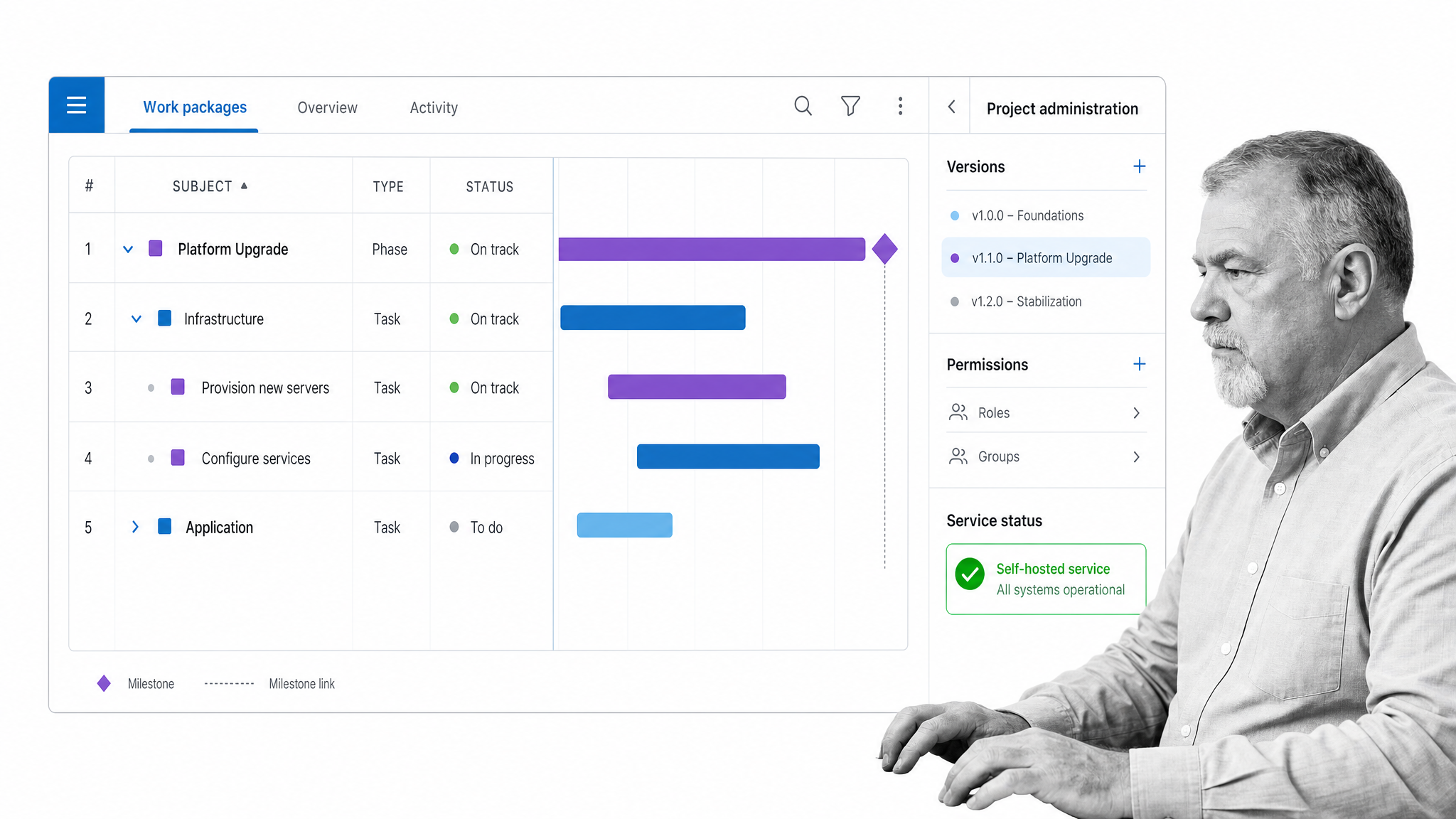 OpenProject work packages table with Gantt timeline, milestones, versions, and project administration controls