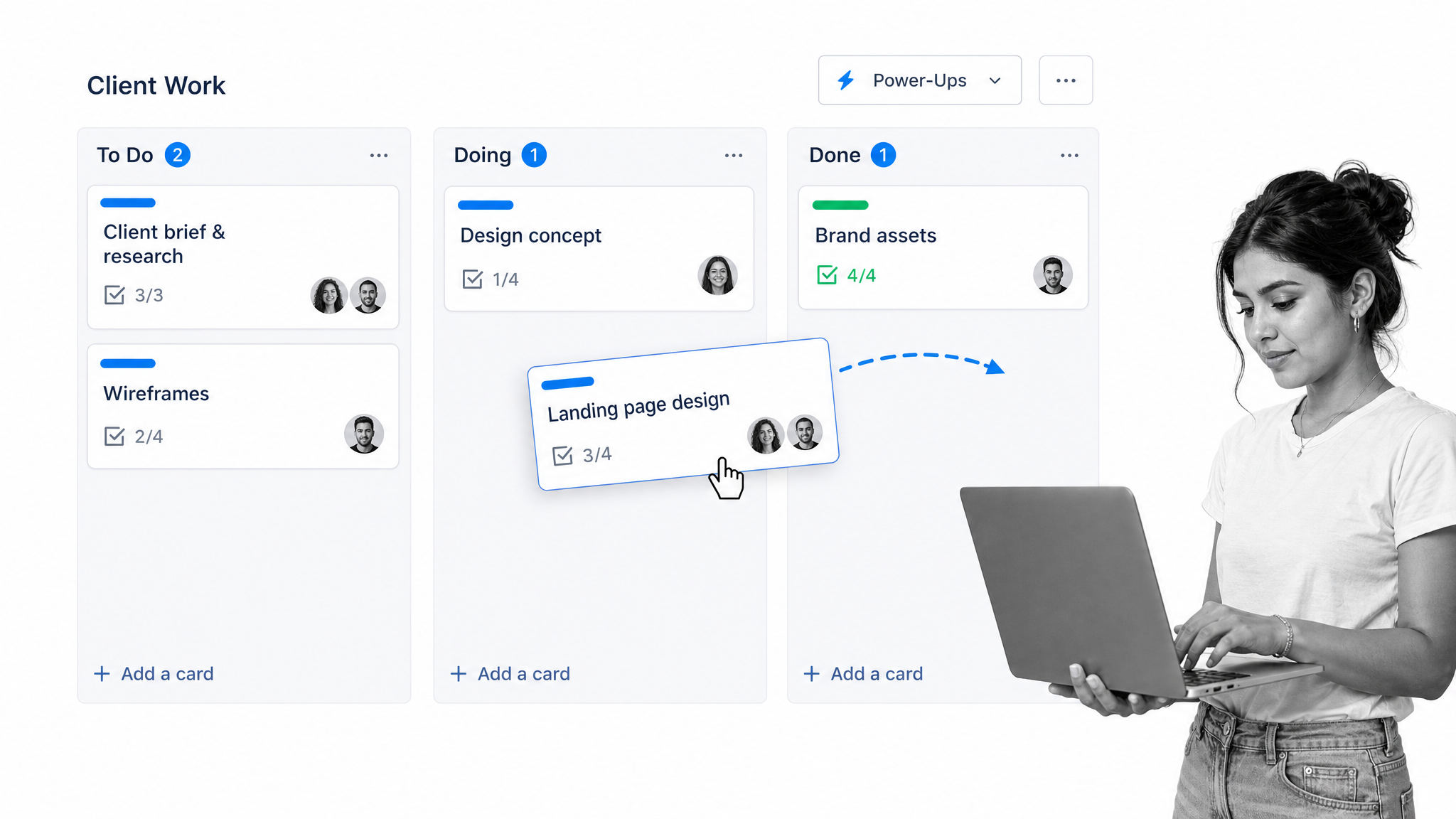 Trello Kanban board with three workflow lists, task cards, due dates, members, and checklist progress