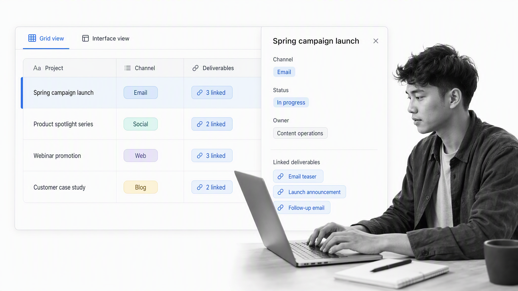 Content operations manager reviewing linked project and deliverable records in an Airtable-style base