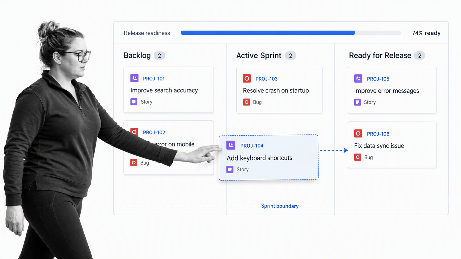 Engineering lead moving a software issue through a Jira-style sprint board toward release