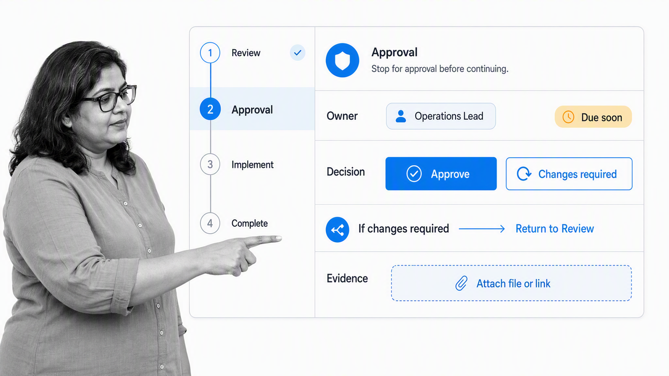 Operations lead reviewing a governed project workflow run with conditional routing and an approval gate