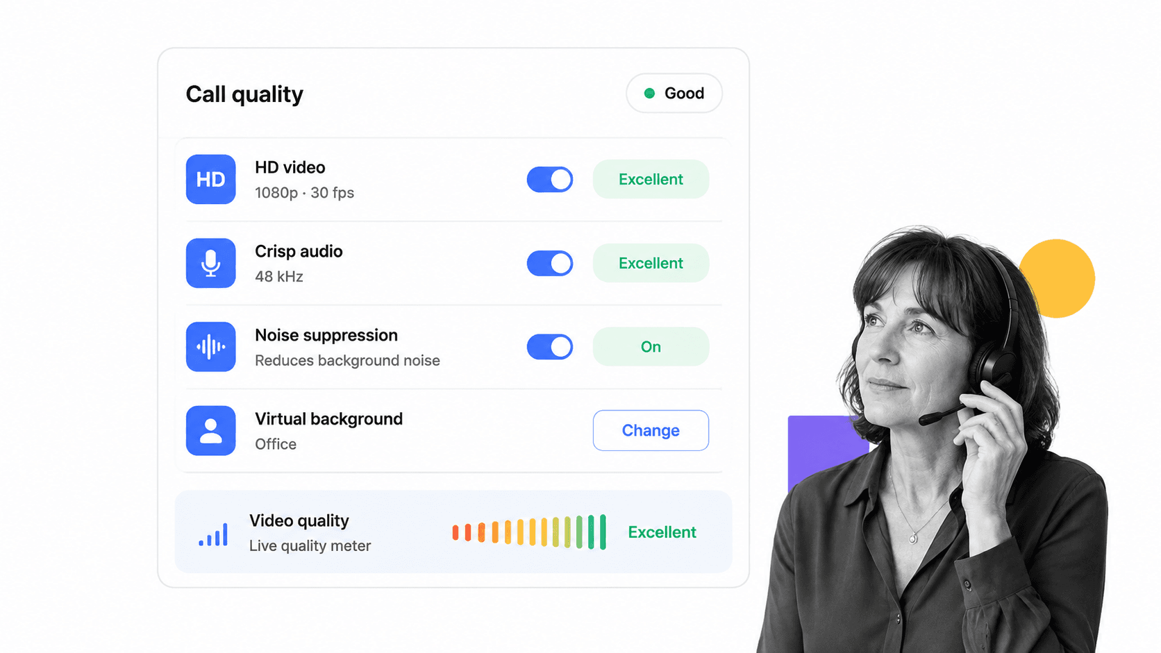 Video call quality panel showing HD video, crisp audio and noise suppression controls