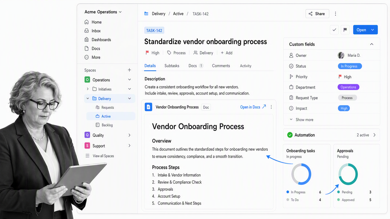 ClickUp task detail combining custom fields, an embedded document, and progress cards
