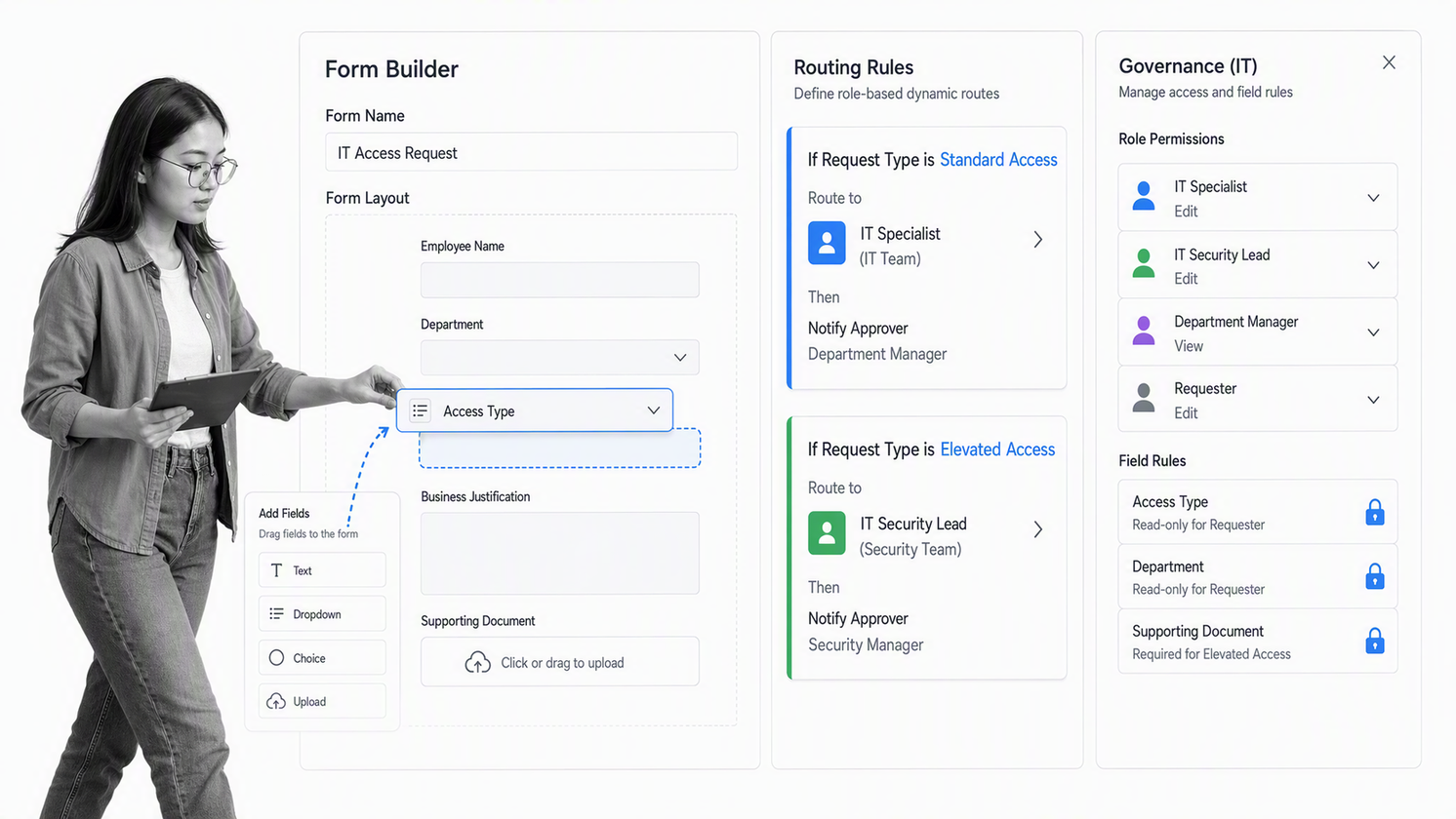Kissflow form builder with dynamic routing rules and governance controls
