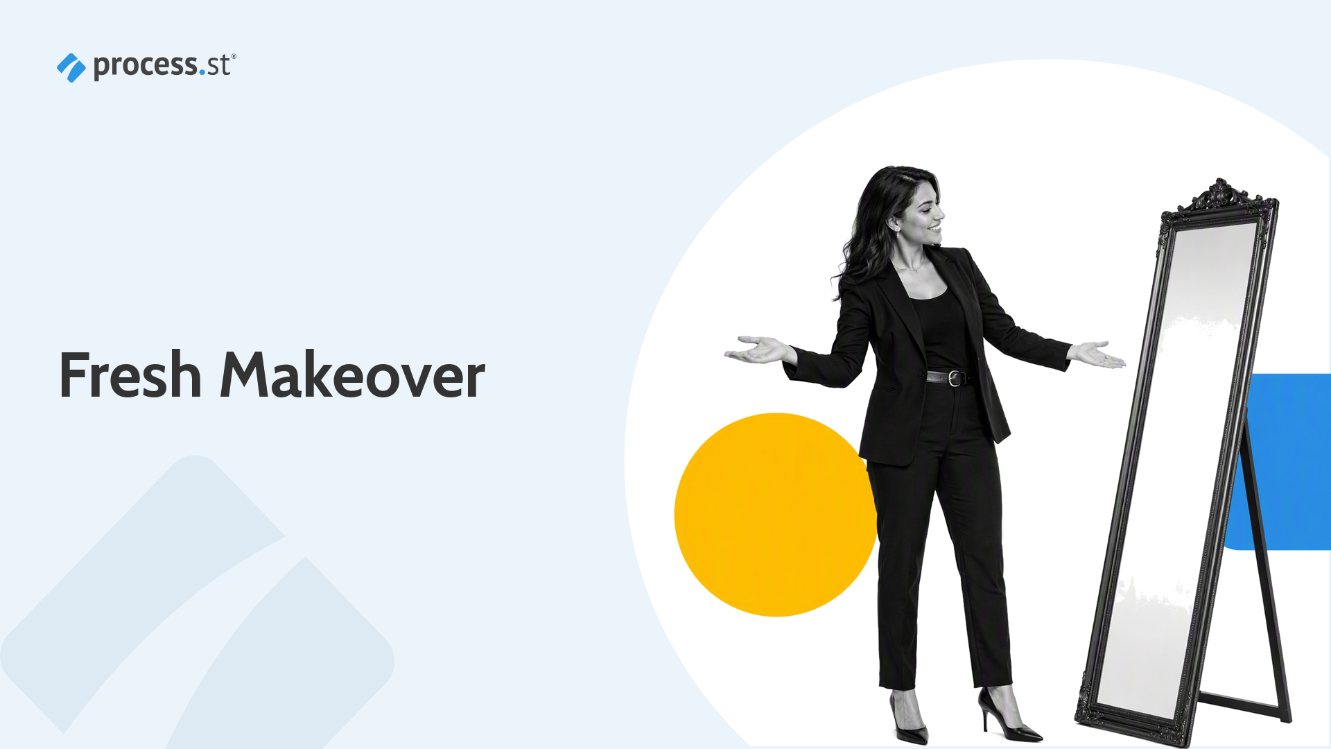 A black-and-white woman presenting a full-length mirror beside the words Shiny New Look for Favorite People