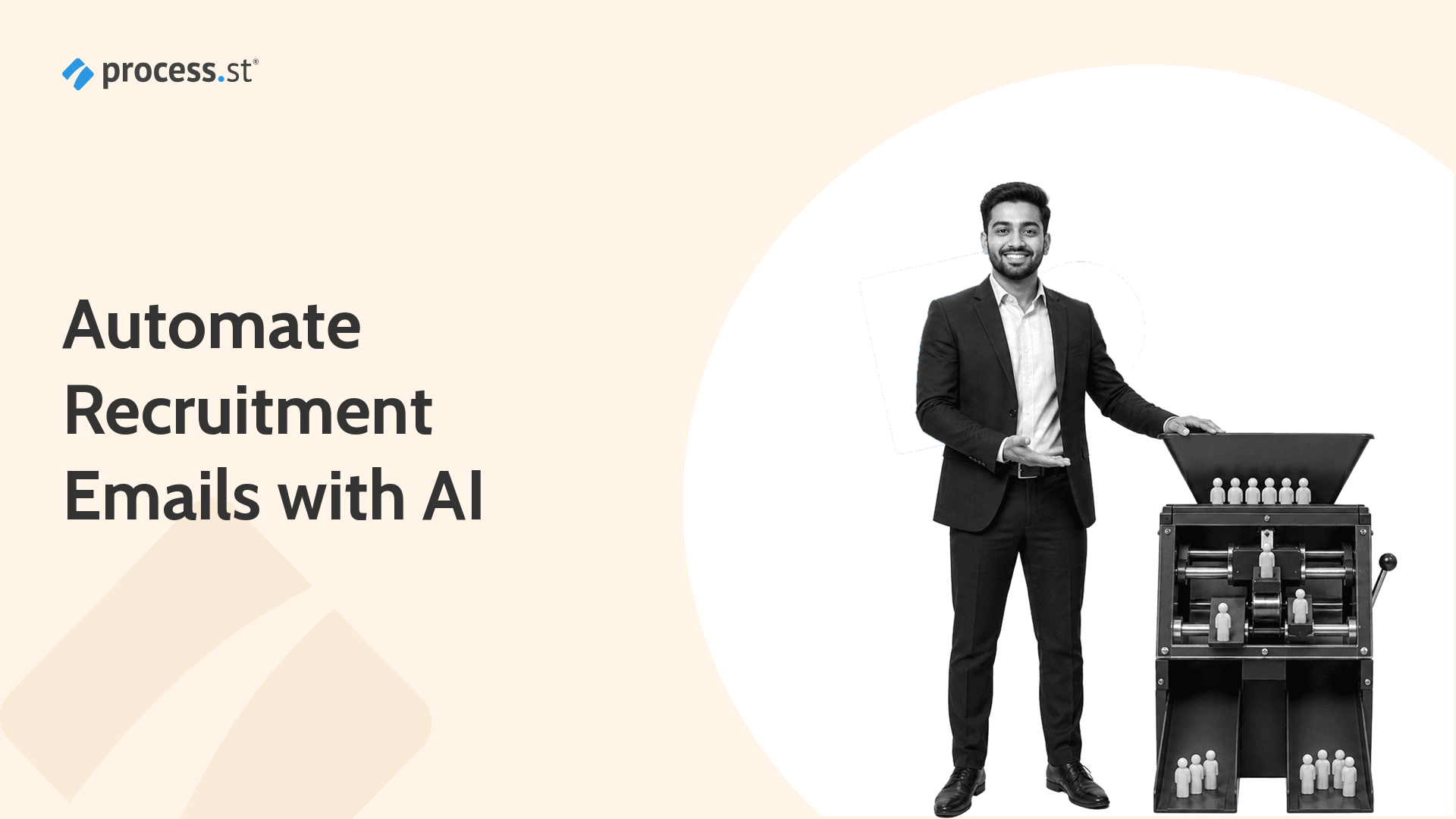 Recruiter beside an automated hiring pipeline that sorts job candidates and sends each one the right recruitment email