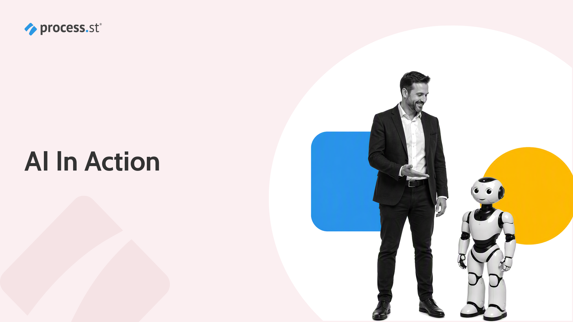 Applications of AI hero with operations leader presenting a modular AI process frame