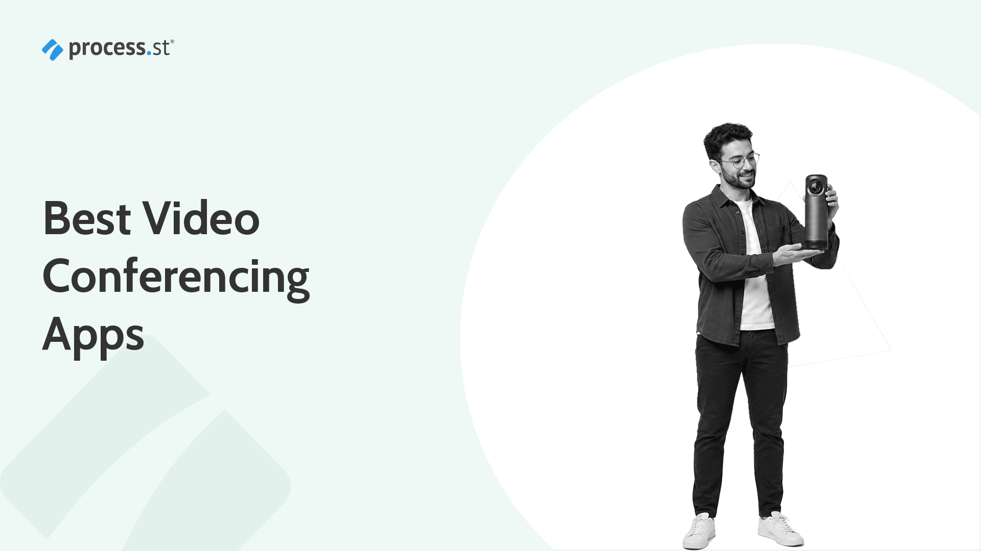 Person holding a smart conference room video camera for a business video conferencing app comparison