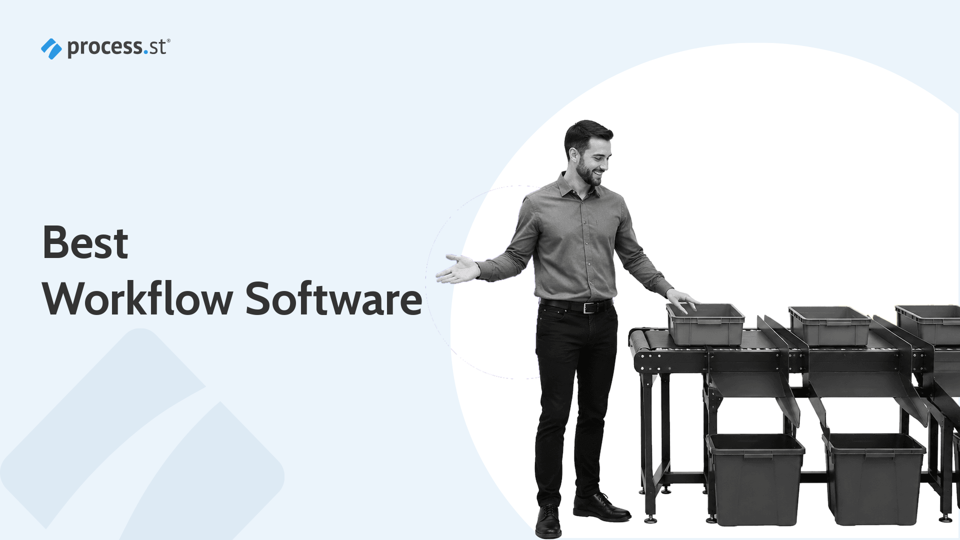 Operations manager guiding work through a modular conveyor sorting station, a metaphor for workflow management software moving tasks through connected stages from intake to done.