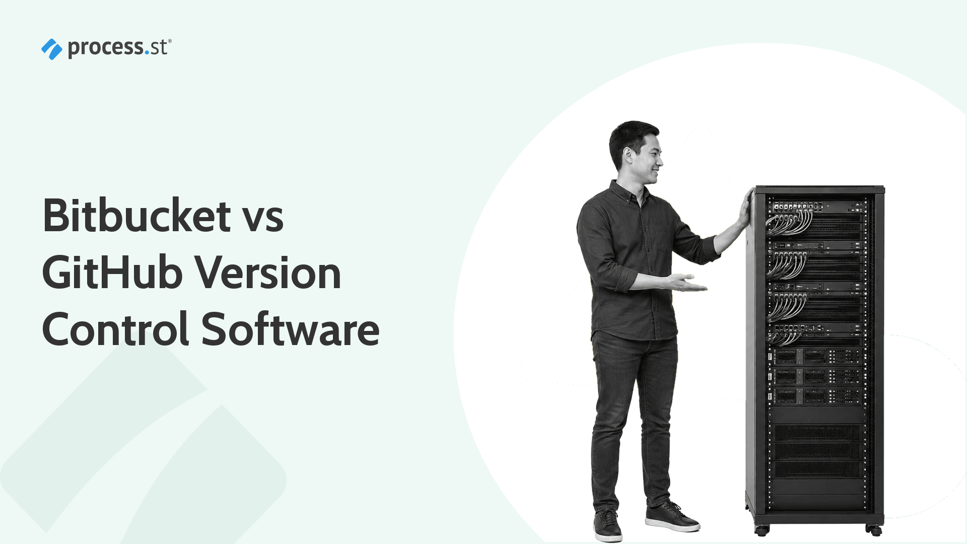 Black-and-white illustration of an engineer standing beside a rack of code-hosting servers, representing the choice between Bitbucket and GitHub for version control software at a business.