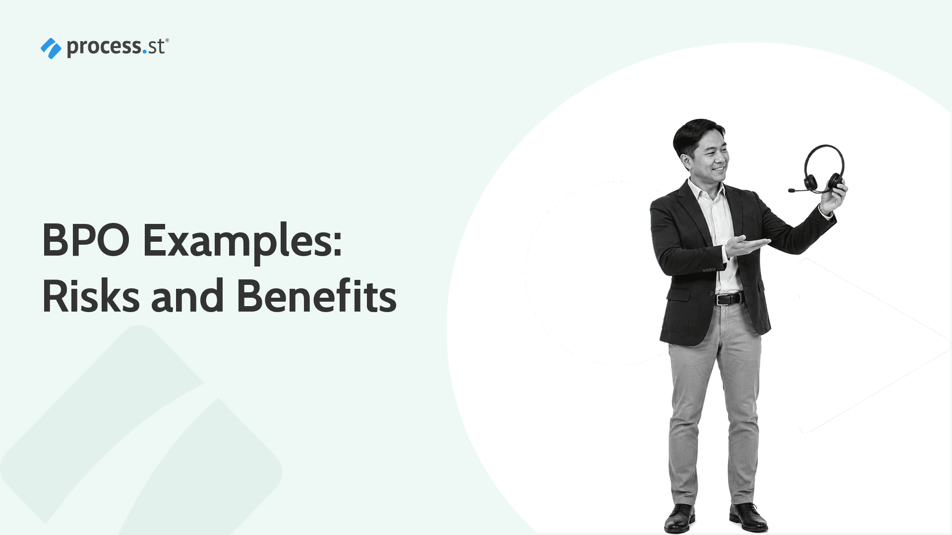 Business process outsourcing concept: a manager presenting a call-center headset that represents outsourced customer support and help-desk BPO work