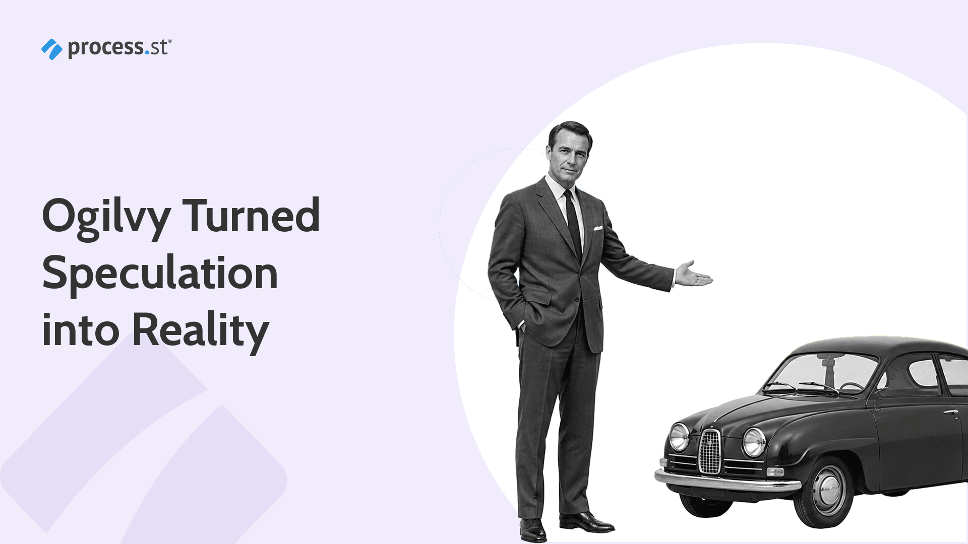 Mid-century advertising strategist presenting the classic car Ogilvy positioned as a winter car