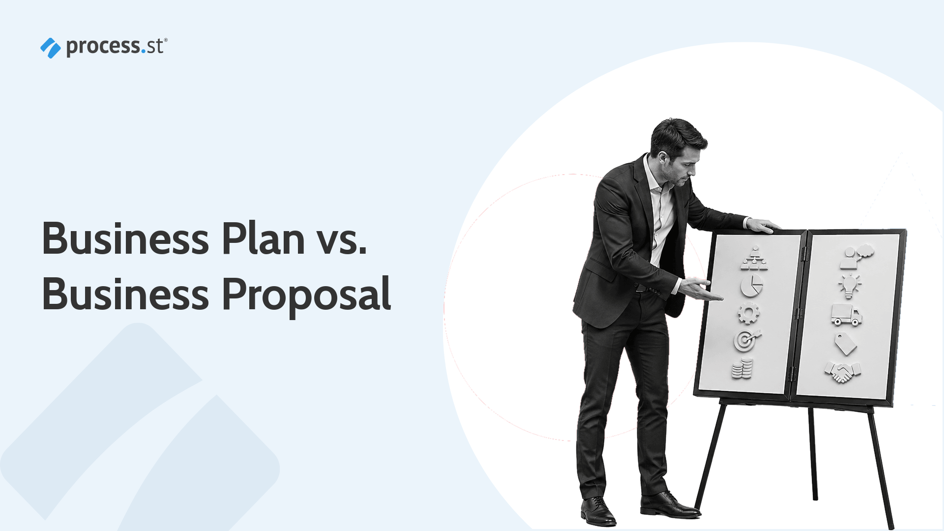 Business strategist comparing the paths of a business plan and a business proposal
