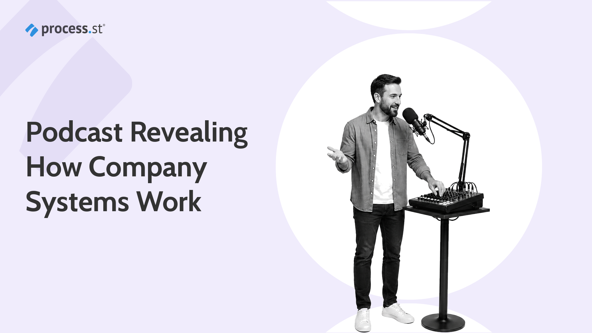 Podcast host exploring business systems with a professional audio console