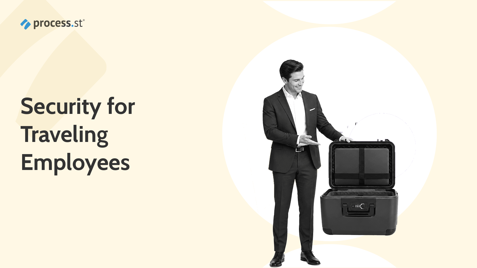 Business traveler securing a laptop in a rugged travel device vault