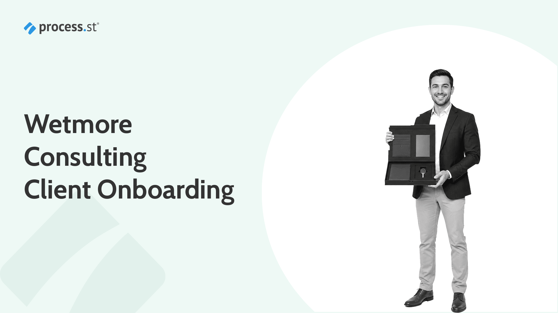 Client onboarding consultant presenting an organized welcome kit for a complete customer handoff